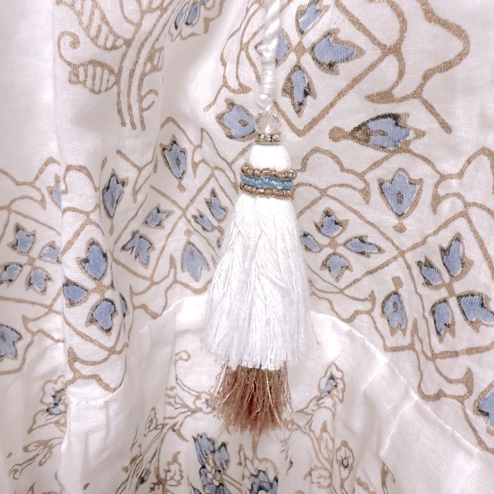 BELLA TU White Blue Gold Summer Tunic Tassel Cotton Resort Swim Dress | L - Picture 8 of 12